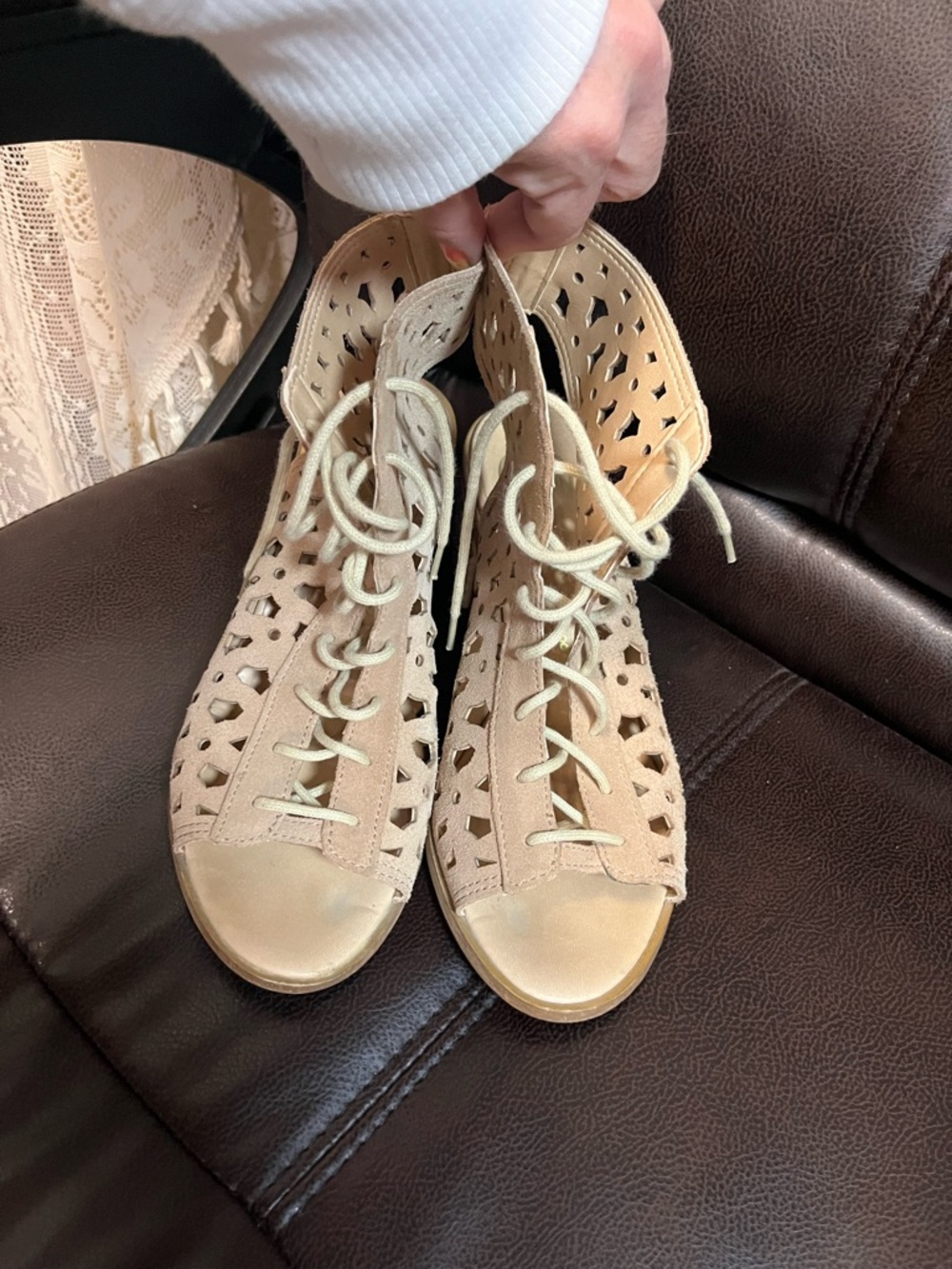 House of Harlow 1960 Tan Laser-Cut Lace-Up Block Heel Sandals - Picture 11 of 11